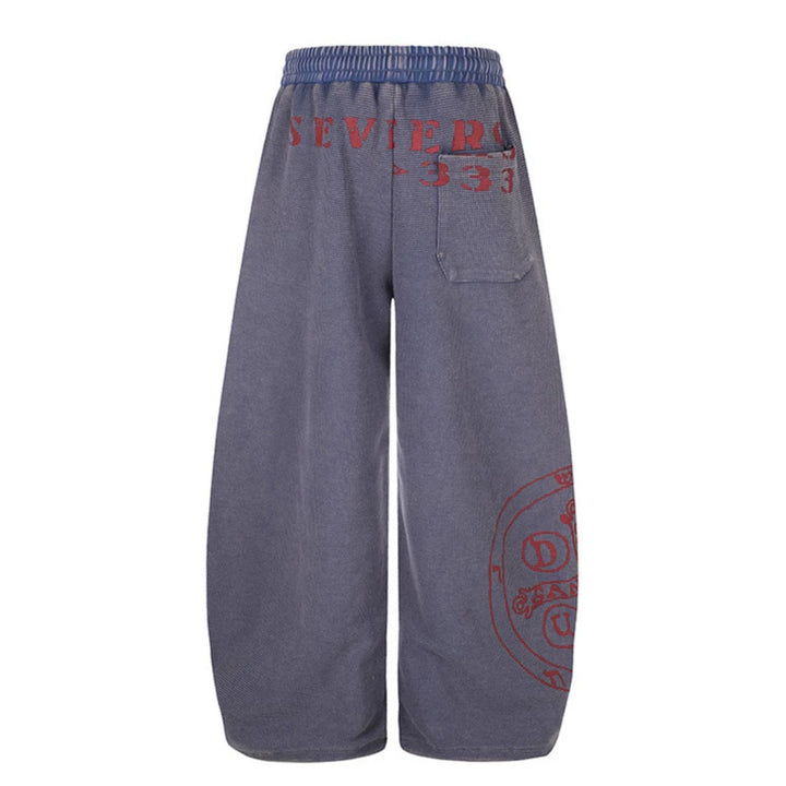 Women's Wide Mid-Calf Palazzo Sweatpants with Adjustable Hem, Drawstring Waistband, and Statement Print
