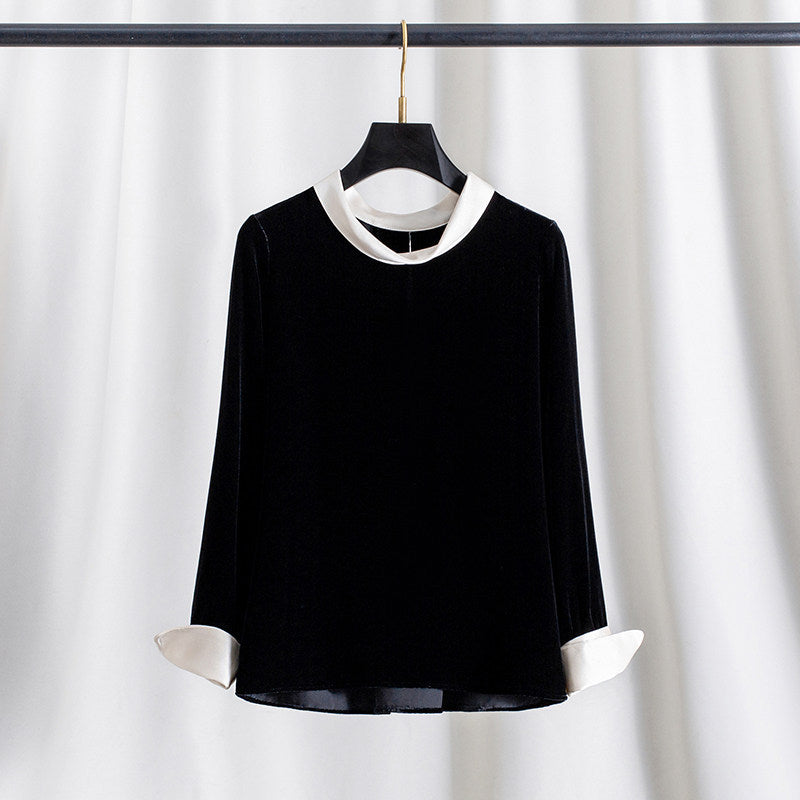 Ladies Elegant Velvet Blouse with Silk Collar Drune