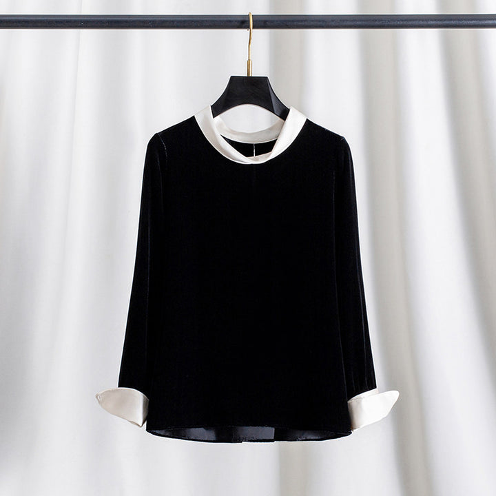 Ladies Elegant Velvet Blouse with Silk Collar Drune