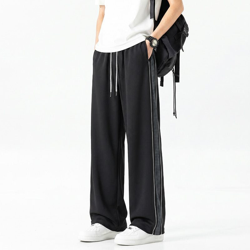 Men's Wide Track Pants in Oversize Cut with Drawstring and Side Plaid Pattern Stripe Mune Fashion