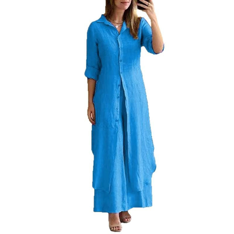 Women's long linen shirt dress with continuous button placket, shirt collar, and subtle A-line cut Mune Fashion