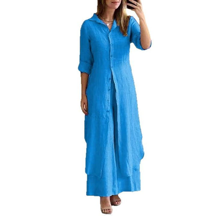 Women's long linen shirt dress with continuous button placket, shirt collar, and subtle A-line cut Mune Fashion