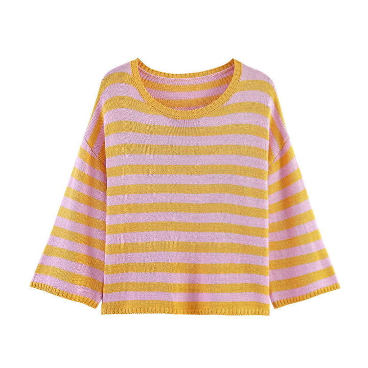 Women Oversized Striped Fine Knit Sweater with Round Neck and Half-Length Sleeves Mune Fashion