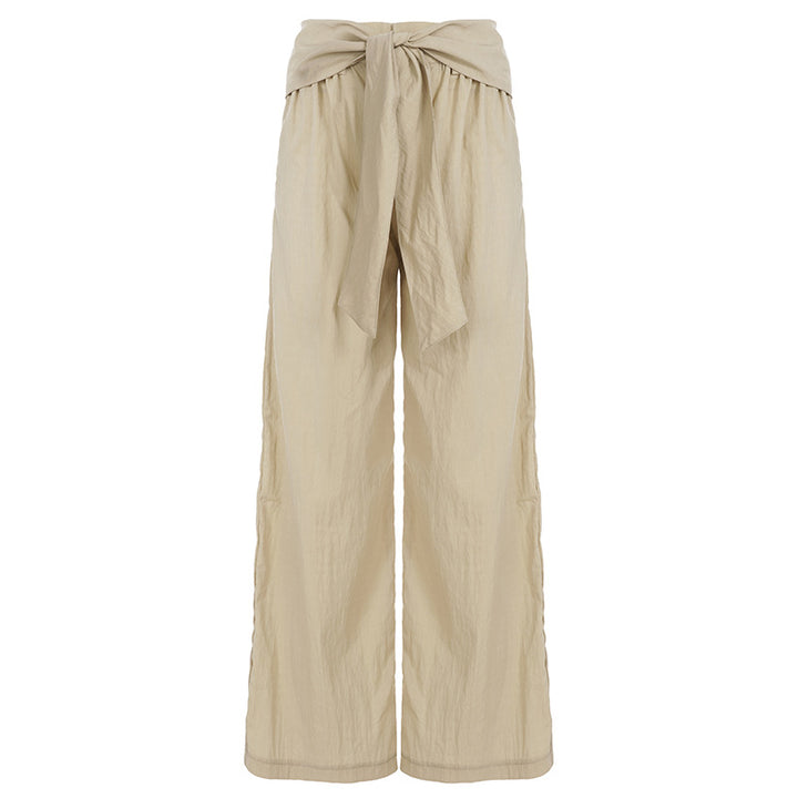 Women's high-waisted linen pants with wide leg and decorative tie belt Mune Fashion