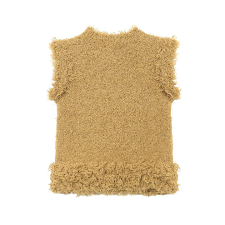 Women's fluffy sleeveless teddy top with round neckline and fringes Mune Fashion