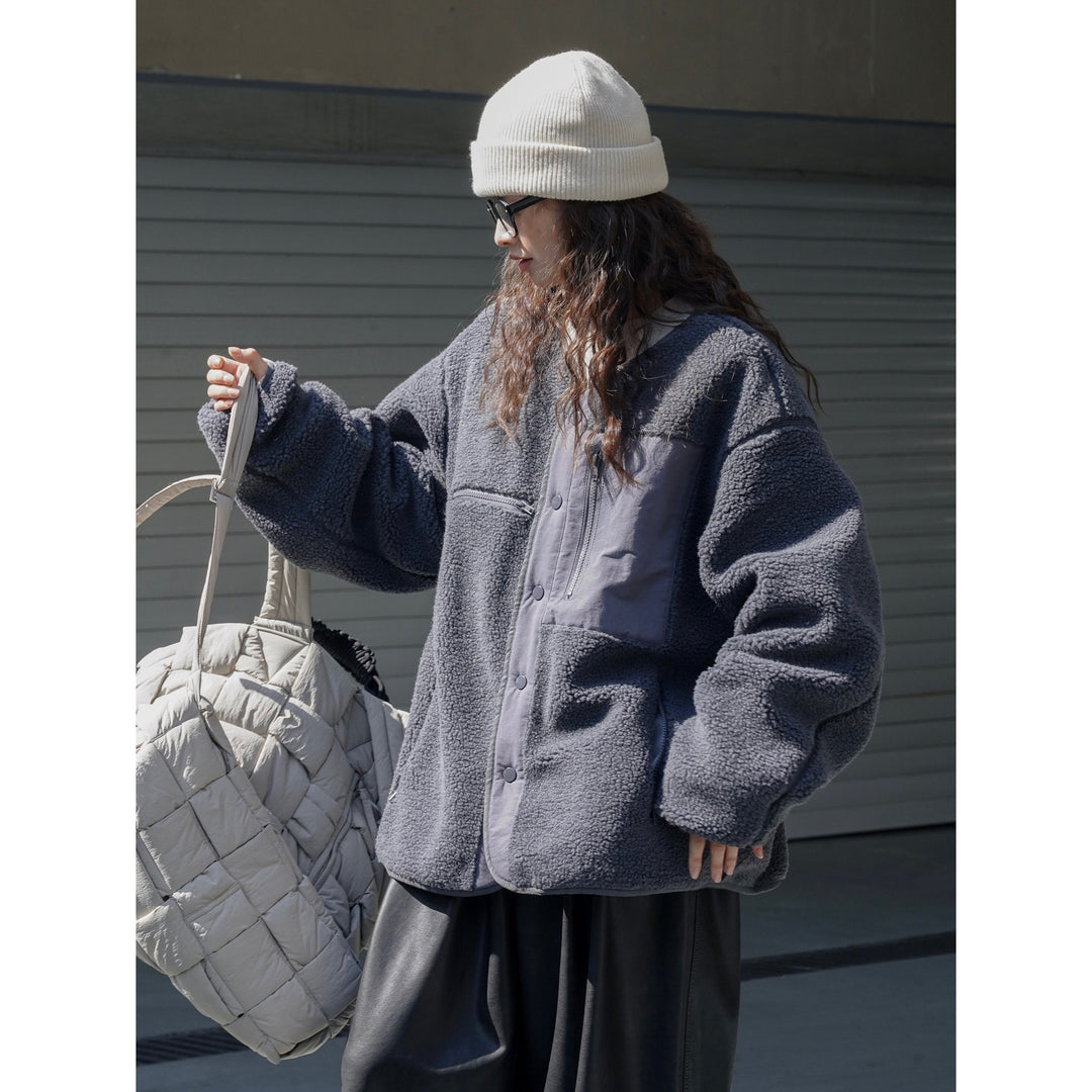 Women's Padded Teddy Fleece Jacket with Contrasting Front Panel and Patch Pockets Mune Fashion