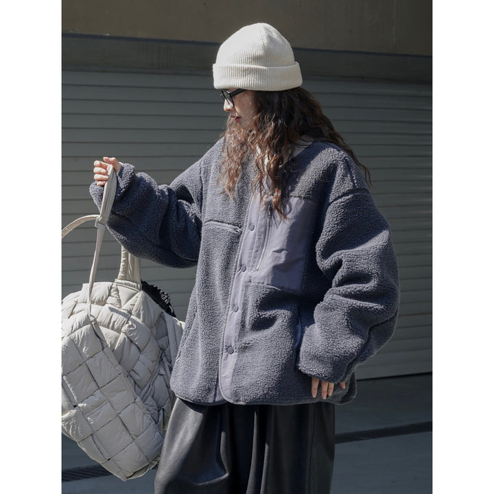 Women's Padded Teddy Fleece Jacket with Contrasting Front Panel and Patch Pockets Mune Fashion