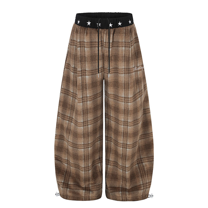 Women's Extra Wide Checked Palazzo Lounge Pants made of soft fleece with star-embellished comfort waistband, drawstring and adjustable hem.