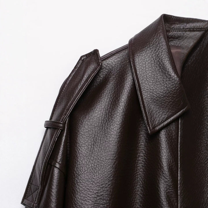 Women's Oversized Faux Leather Bomber Jacket with Epaulettes, Elastic Hem and Pockets Mune Fashion