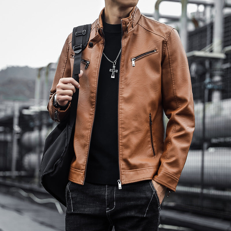 Men's faux leather moto jacket in aviator style with stand-up collar and functional zippers Mune Fashion
