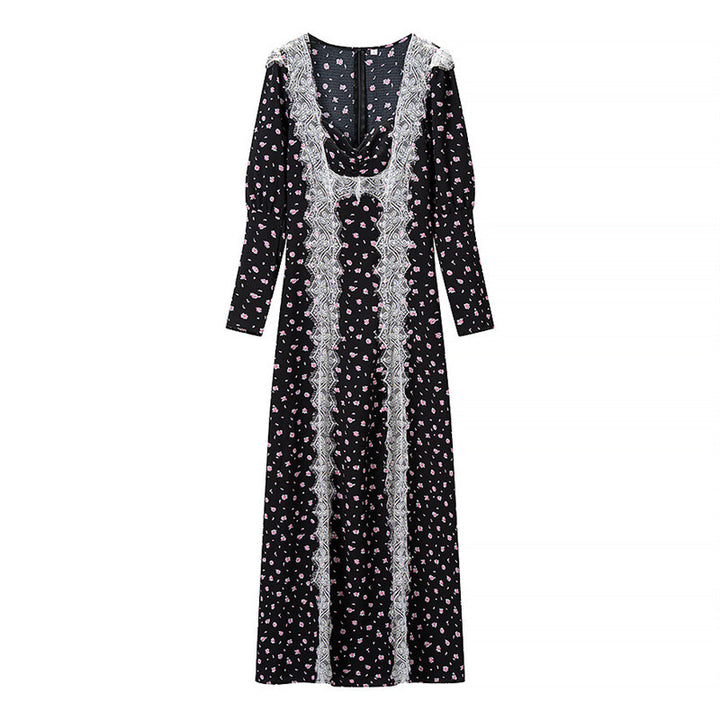 Women's Long Sleeve Maxi Dress with Lace Trimmings, Deep V-Neck and Floral All-Over Print Mune Fashion