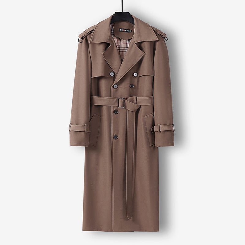 Women Elegant long cut wool blend trench coat with double-breasted button placket and belt Mune Fashion