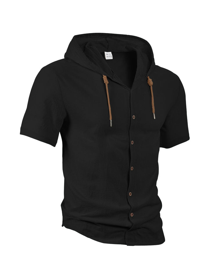 Men's crinkled short-sleeve hooded shirt made of cotton with button placket and drawstring Mune Fashion