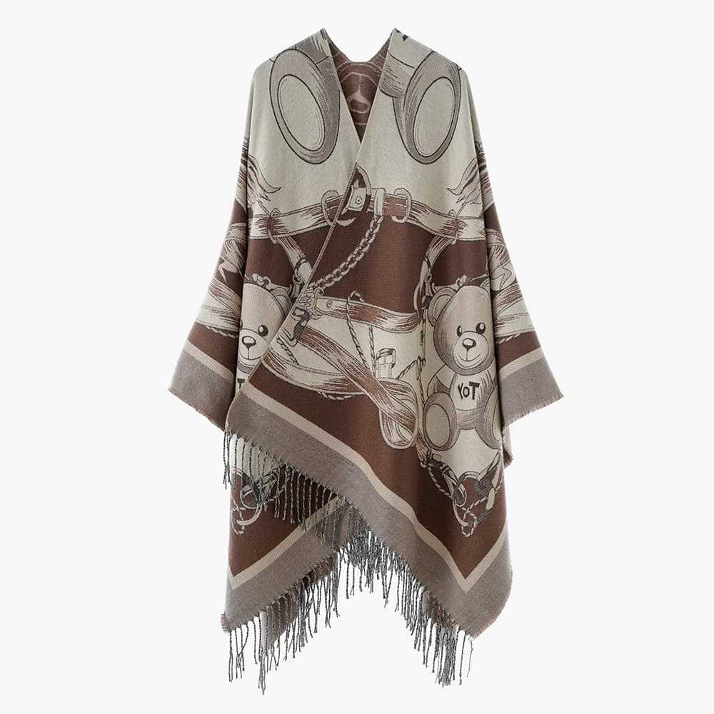 Women's Jacquard-Cape Poncho with Teddy Motif, Oversized Silhouette and Fringe Hem Mune Fashion