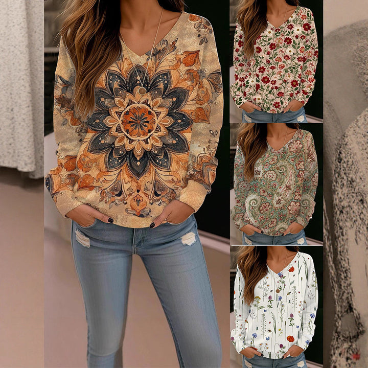 Women Boho-Mandala V-Neck Oversize Sweatshirt with Soft Sweat Fabric Mune Fashion