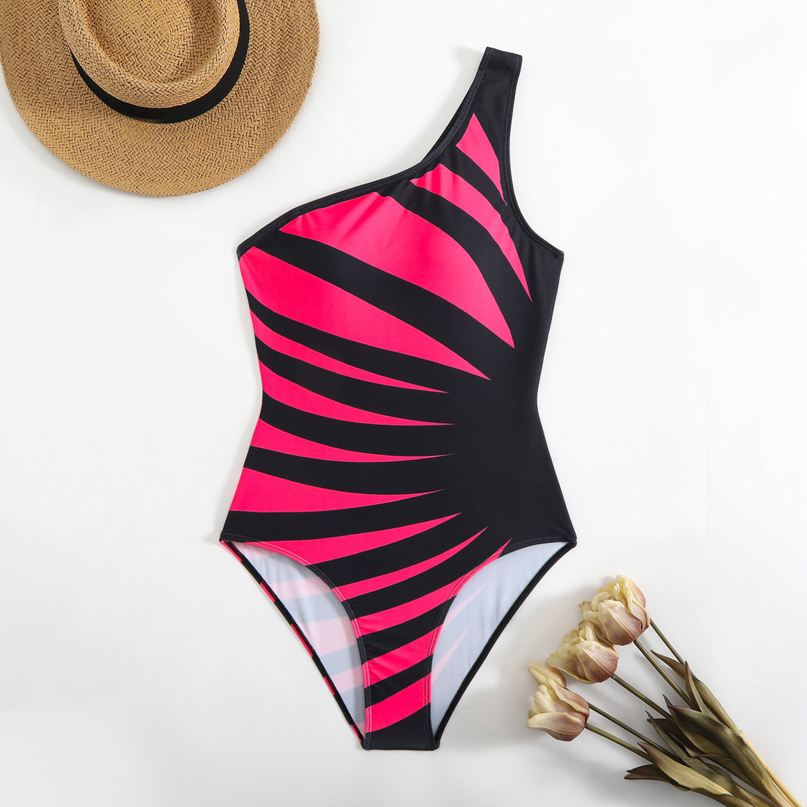 Women's One-Piece Swimsuit with Asymmetrical Design and Trendy Graphic Pattern Mune Fashion