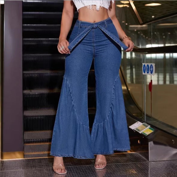 Women's High-Waisted Denim Palazzo Jeans with Overlapping V-Waist, Wide Flare, and Front Slit Mune Fashion