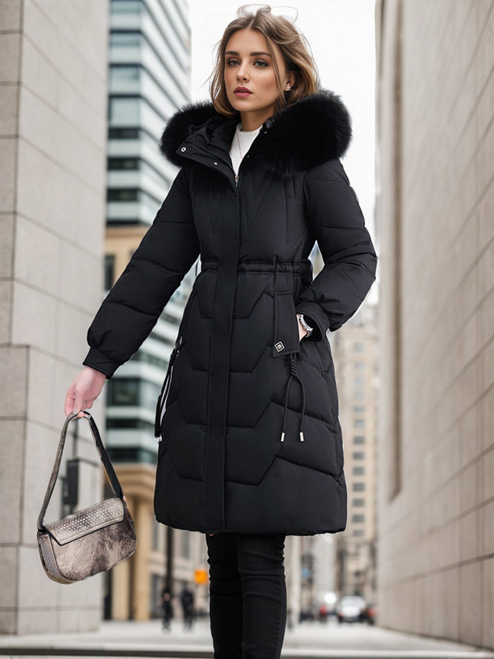 Ladies Elegant and Insulated Winter Coat with Detachable Faux Fur Collar Mune