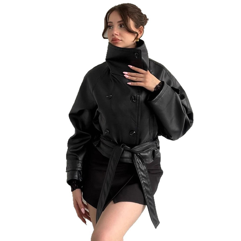 Women Tailored Short Blouson Jacket made of Imitation Leather with High Stand-up Collar and Ties Belt Mune Fashion