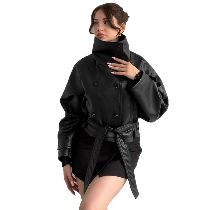 Women Tailored Short Blouson Jacket made of Imitation Leather with High Stand-up Collar and Ties Belt Mune Fashion