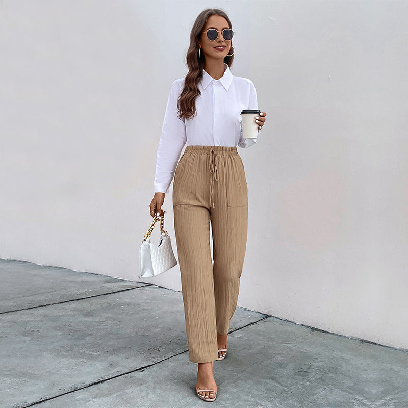 Women's Lightweight Crinkle Pants with High Elastic Waistband, Drawstring and Patch Pockets