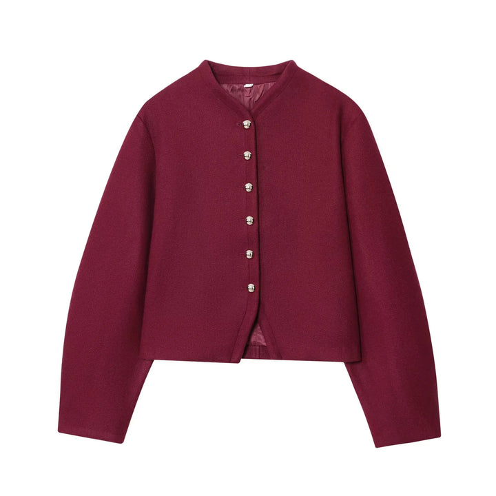 Women's casual cropped wool jacket with stand-up collar, full metal button placket and fine inner lining Mune Fashion