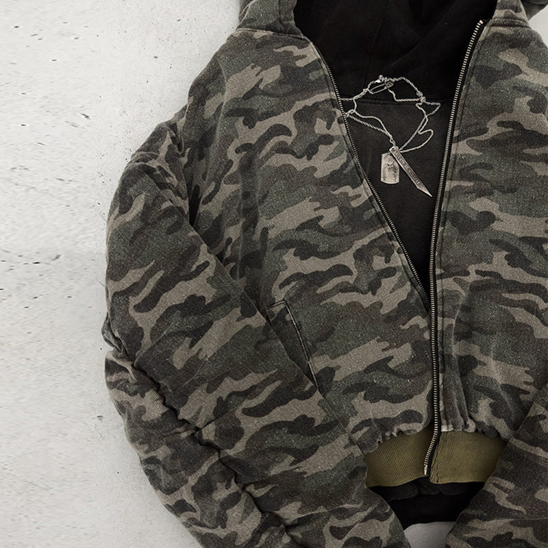 Men's short-cut camouflage bomber-style hooded jacket with teddy lining and two-way zipper Mune Fashion