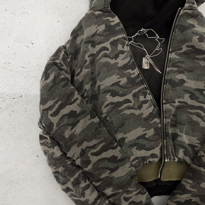 Men's short-cut camouflage bomber-style hooded jacket with teddy lining and two-way zipper Mune Fashion