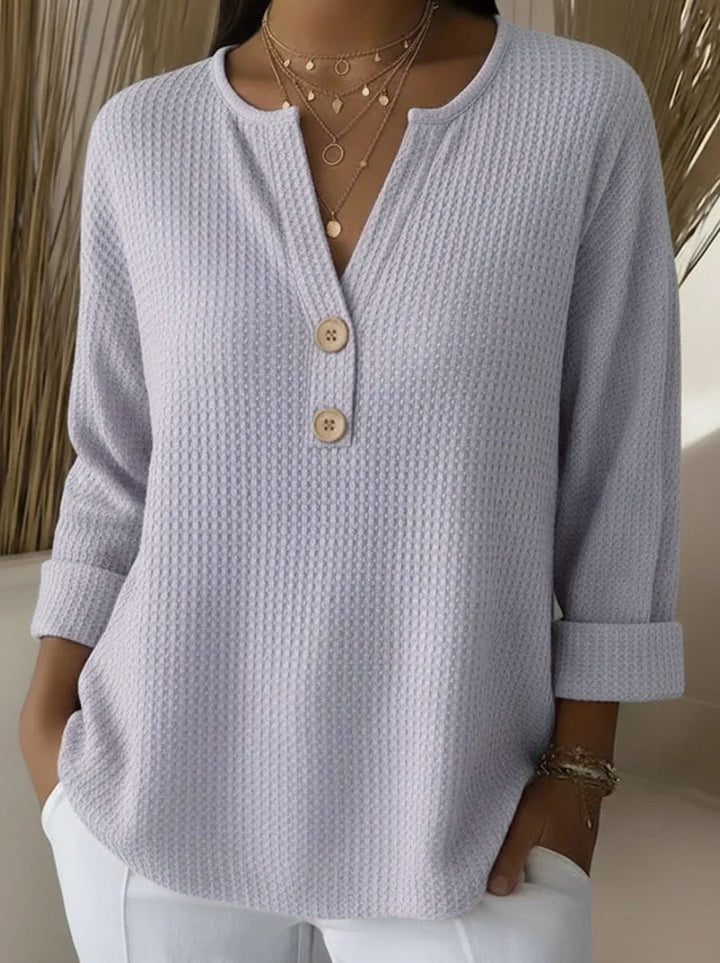 Women's waffle texture Henley shirt with V-neck, short button placket, and roll-up 3/4 sleeves Mune Fashion