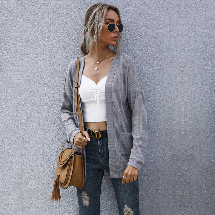 Women Loose Fine Knit Cardigan with Ribbed Textured Knit and Patch Pockets Mune Fashion