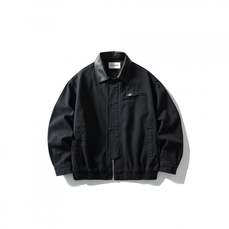 Men's Boxy Worker Jacket with Faux Leather Collar, Full-Length Zipper and Elastic Hem Mune Fashion
