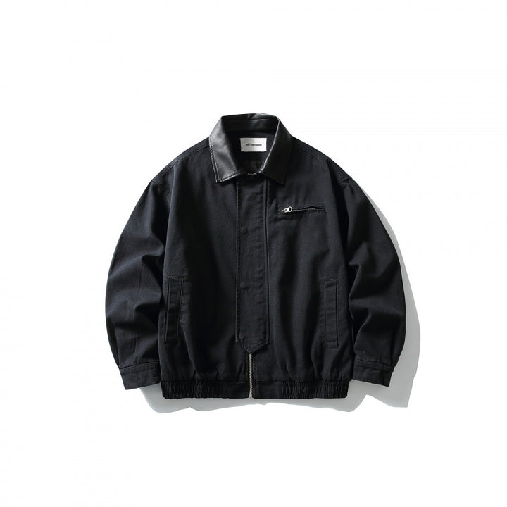Men's Boxy Worker Jacket with Faux Leather Collar, Full-Length Zipper and Elastic Hem Mune Fashion