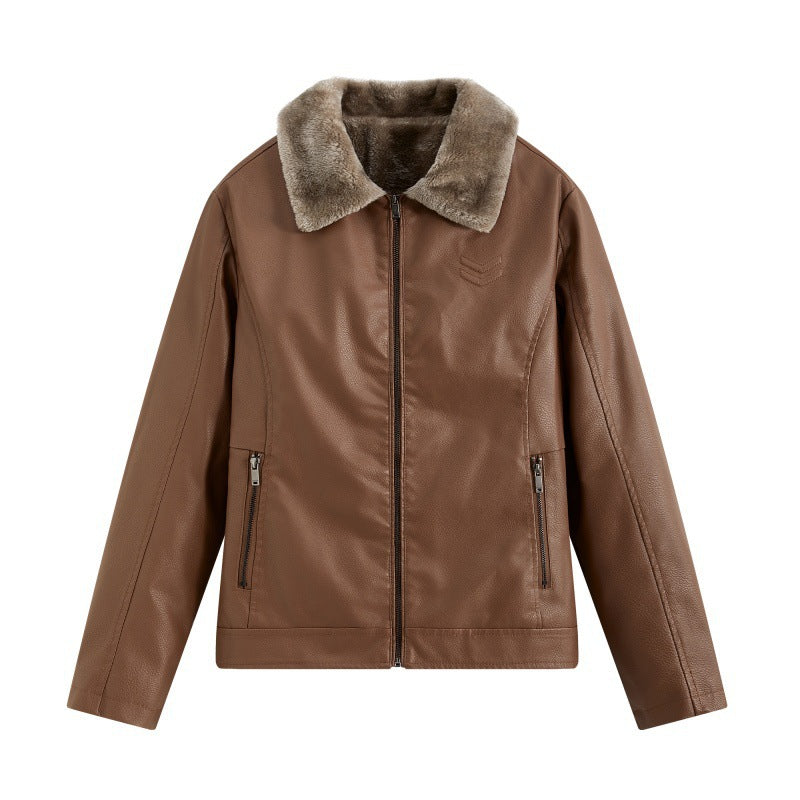 Men's Elegant Leather Jacket with Faux Fur Collar Mune Fashion