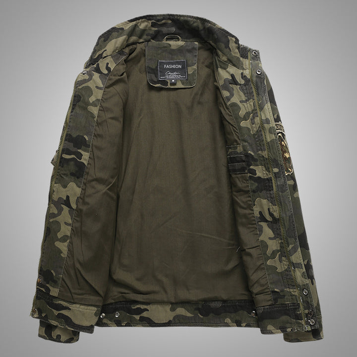 Men's camouflage field jacket made of durable canvas with epaulettes, multiple pockets and stand-up collar Mune Fashion