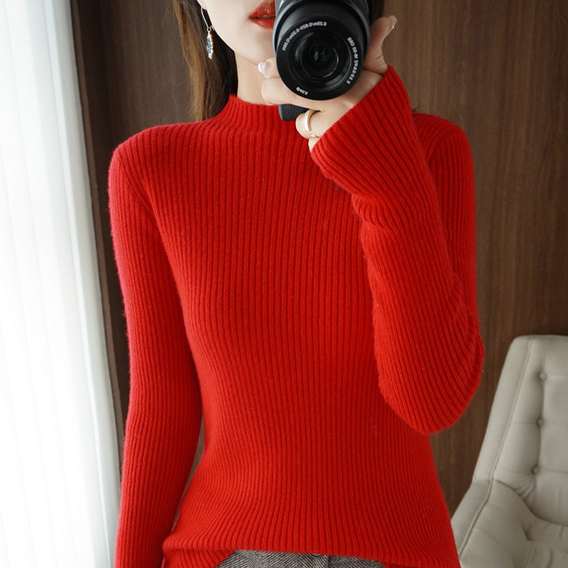 Women's luxury fine-knit pullover with narrow rib structure and short stand-up collar Mune Fashion