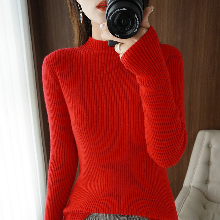 Women's luxury fine-knit pullover with narrow rib structure and short stand-up collar Mune Fashion