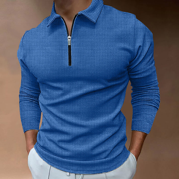 Men's Fine Waffle Knit Half-Zip Polo with Kent Collar & Long Sleeve Mune Fashion