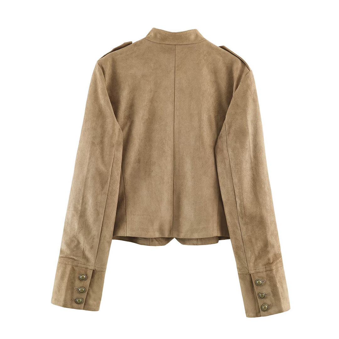 Women's short-cut cavalry jacket made of suede look with decorative button placket and epaulettes Mune Fashion