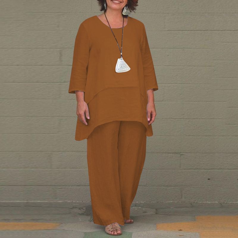 Women's Casual Two-Piece Linen Set with Oversized Tunic and Wide Palazzo Pants Mune Fashion