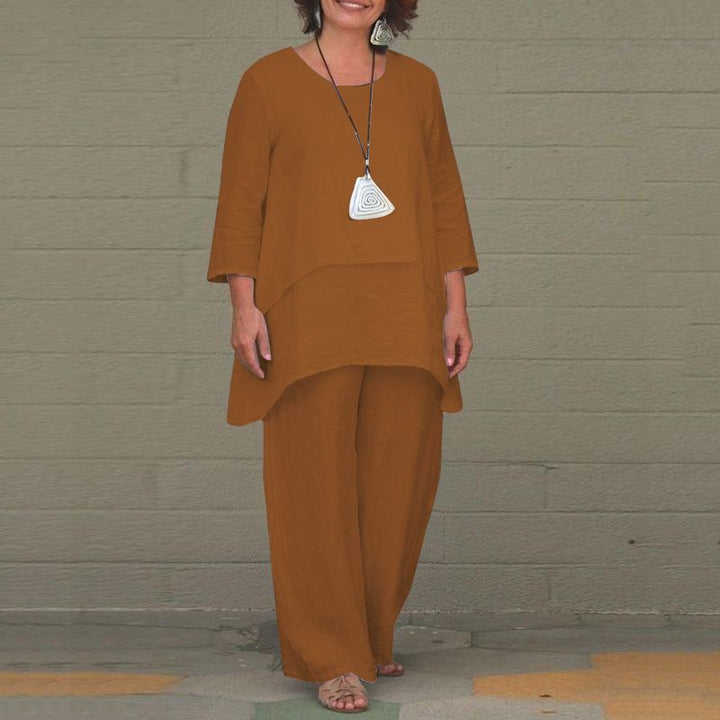 Women's Casual Two-Piece Linen Set with Oversized Tunic and Wide Palazzo Pants Mune Fashion