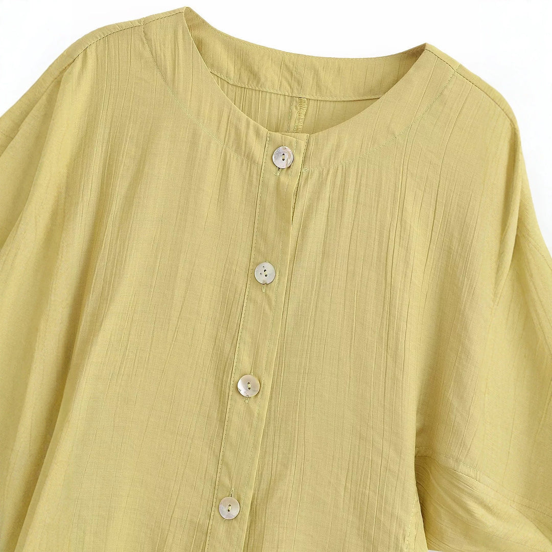 Women Lightweight Crinkle Blouse Shirt with Button Placket and Gathered Balloon Sleeves Mune Fashion