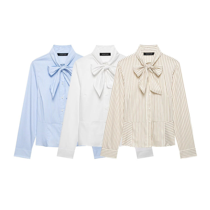 Ladies blouse with bow collar and tailored inset seams Mune Fashion