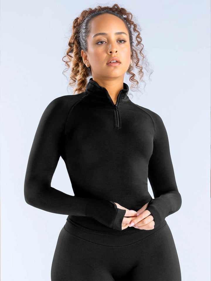 Women's Sporty Zip Neck Long Sleeve Top Mune Fashion
