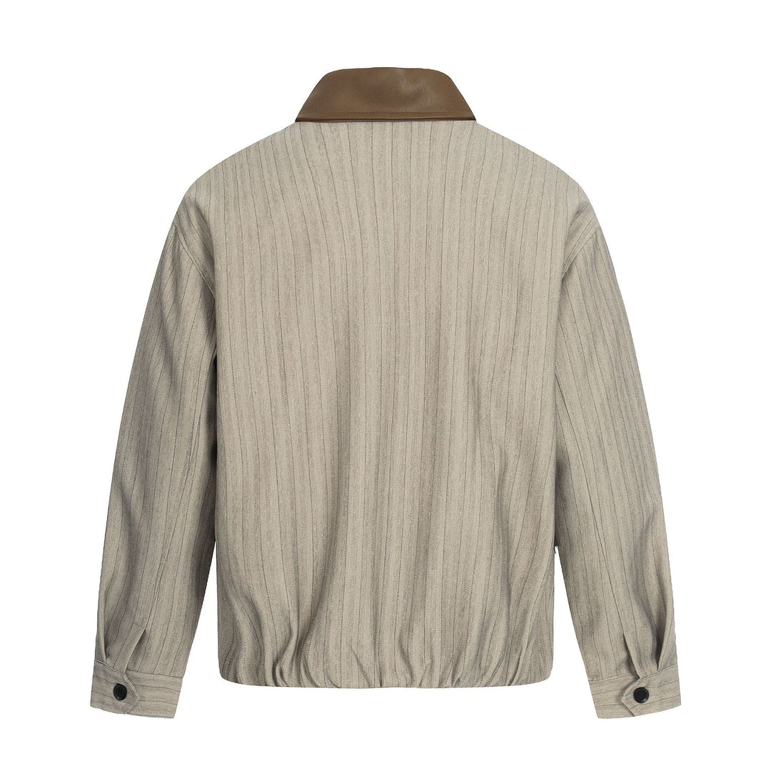 Men's Short Boxy Blouson Jacket in Linen Look with Leather Collar Mune Fashion