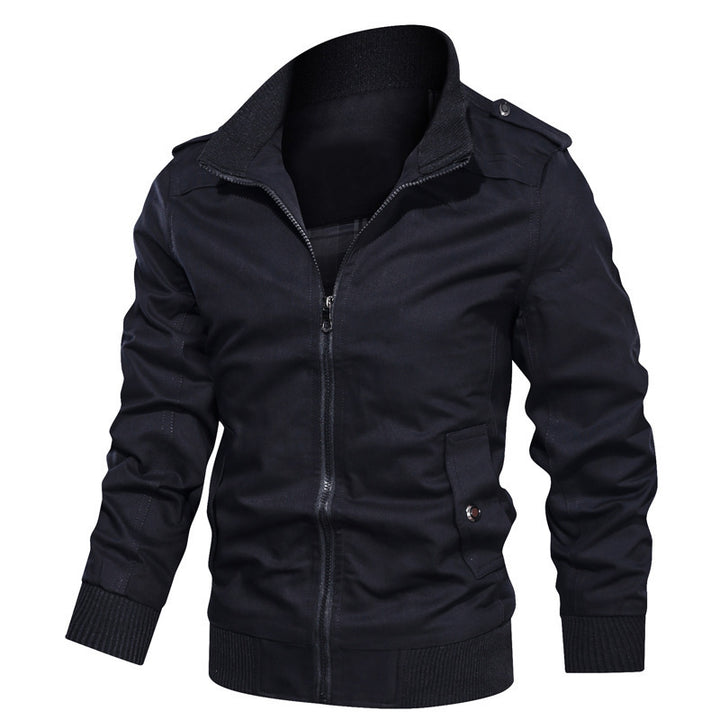 Men's lightweight canvas urban jacket in bomber style with high collar and concealed two-way zipper.