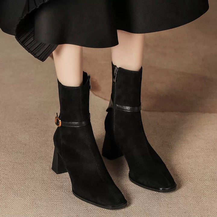Women's elegant suede ankle boot with medium block heel and decorative buckle strap Mune Fashion