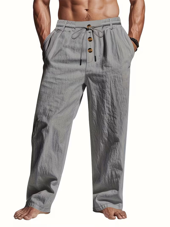 Men's Comfortable Beach Pants with Drawstring and Wooden Buttons Mune Fashion