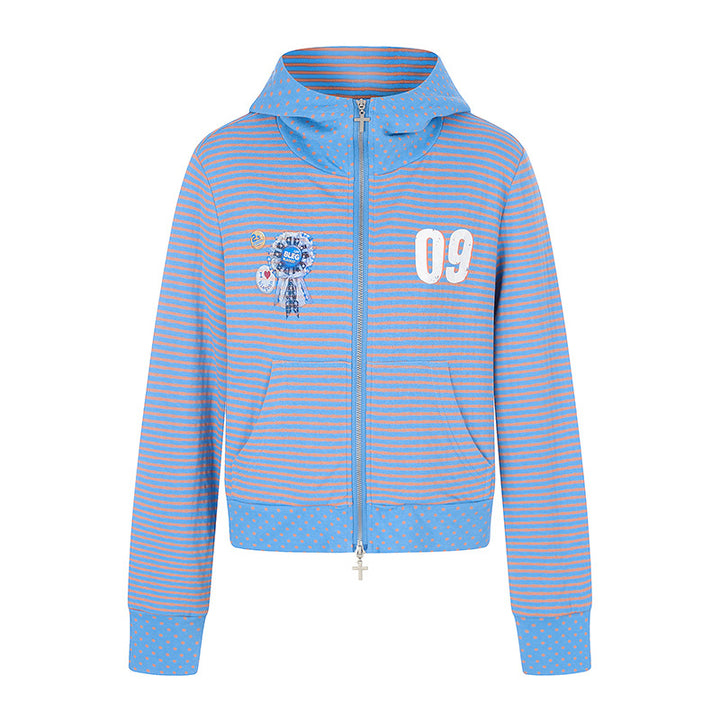 Women's Short Hoodie Sweat Jacket in Stripe Mix with Full Zipper and Placket Application Mune Fashion