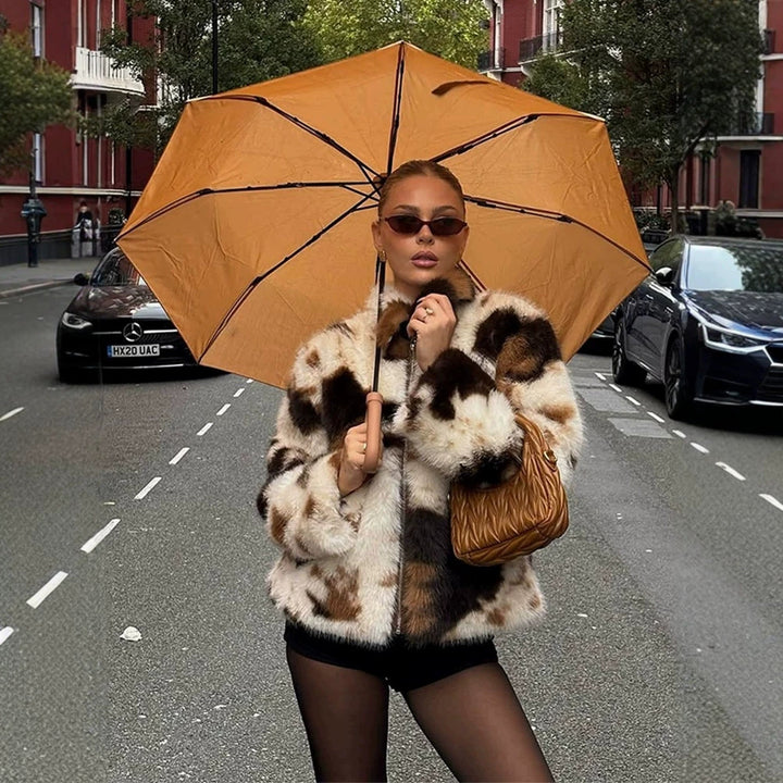 Women's Short Patchwork Faux Fur Jacket with Zipper and Boxy Silhouette Mune Fashion