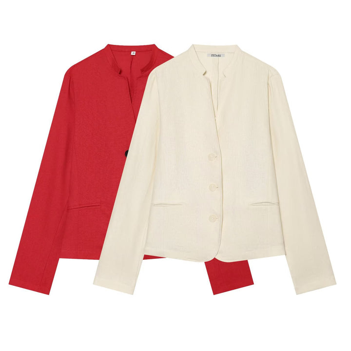 Women Lightweight Tailored Blazer Jacket with Stand Collar and Three-Button Closure Mune Fashion